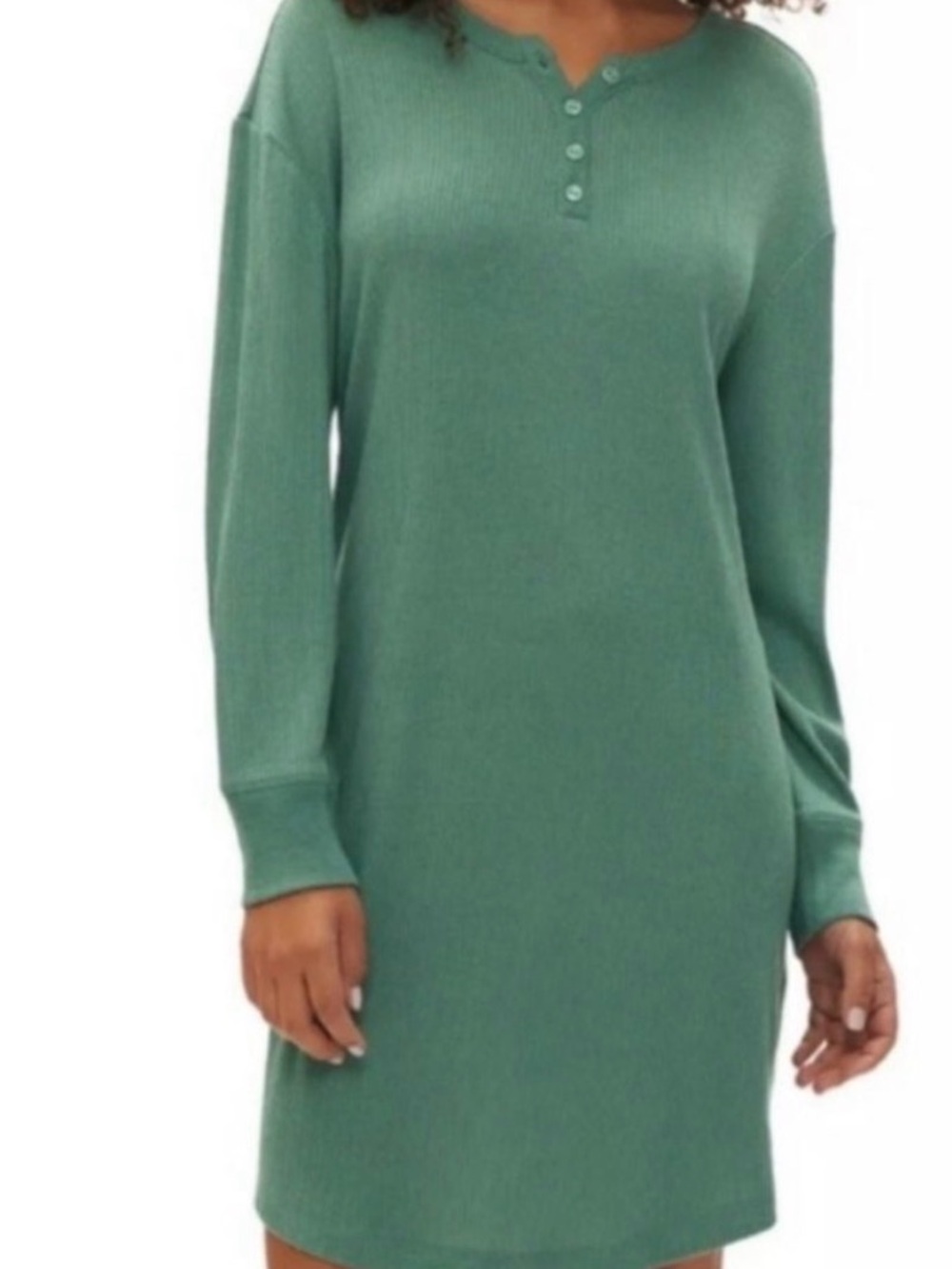 Gapbody Green Henley Ribbed Nightgown - Women's Cozy Long Sleeve Sleep Shirt